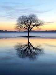 Leinwandbilder - Silhouette of a leafless tree standing alone on a small island in a misty lake at sunrise, its reflection perfectly mirrored in the still water, creating a serene and peaceful atmosphe : Generative AI