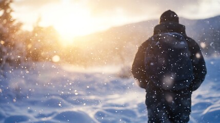 Poster - A lone hiker with backpack walks through a snowy landscape during a winter sunset, snowflakes falling around them. : Generative AI