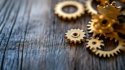 Poster - Close-up of golden gears on rustic wooden surface, showcasing intricate details and metallic texture.  The image evokes themes of mechanics, industry, and precision. : Generative AI