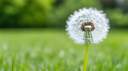 Poster - Close-up of a dandelion seed head, showcasing its delicate white seeds against a blurred green grass background.  The image evokes a sense of lightness and summer. : Generative AI