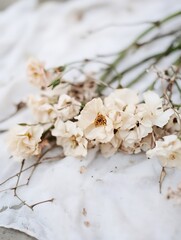 Fototapete - Delicate bouquet of dried cream-colored roses resting on a white fabric, showcasing their intricate details and subtle textures.  The soft lighting enhances the pale hues and creates a : Generative AI