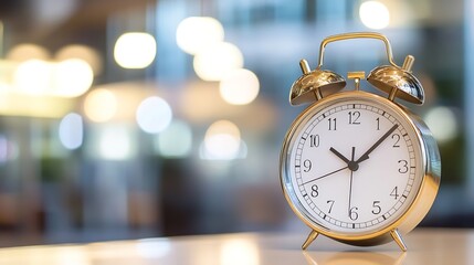 Aufkleber - A gold alarm clock sits on a table, the blurred background suggesting a cafe or office setting. The time displayed is approximately 3:55, hinting at a moment of reflection or decision. : Generative AI
