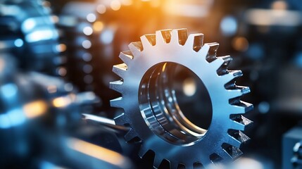 Aufkleber - Close-up of a metallic gear, showcasing intricate details and a blurred industrial background. The gear's teeth are sharply defined, reflecting light, suggesting precision engineering  : Generative AI