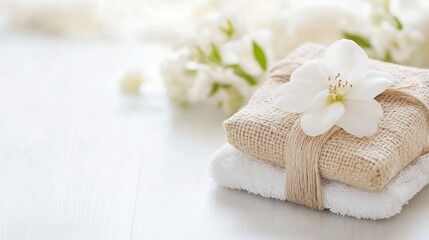 Aufkleber - Spa treatment concept: a burlap wrapped soap sits atop a white towel, adorned with a delicate white flower, suggesting serenity and relaxation. : Generative AI