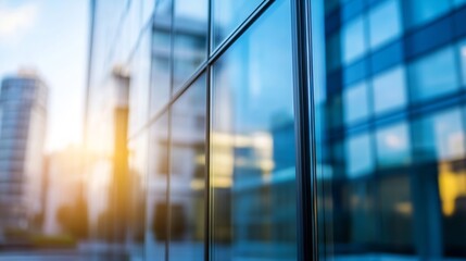 Poster - Modern glass building exterior reflecting cityscape at sunset, showcasing architectural details and urban environment. : Generative AI
