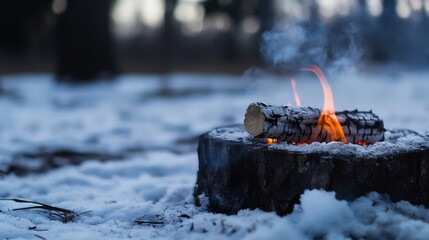 Fototapete - Small bonfire burning brightly on a snowy tree stump in a winter forest, emitting warm orange flames and white smoke. : Generative AI