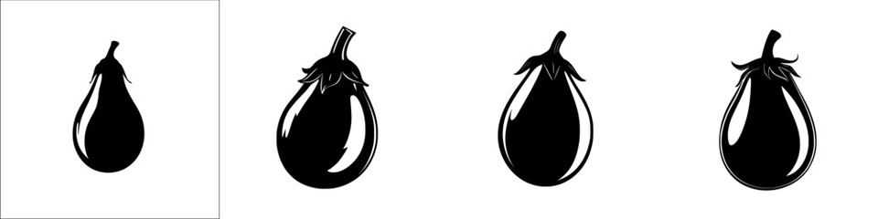 Poster - Black icon of an eggplant illustrated in various orientations on a white background for graphic design use
