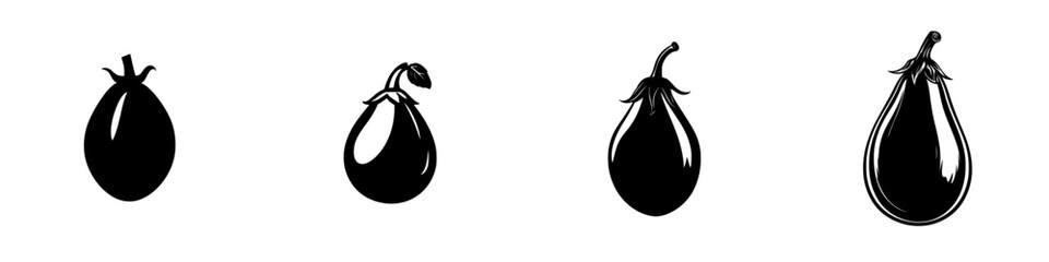 Poster - Flat black icons representing various shapes of eggplants in a minimalist style suitable for graphic design projects and illustrations