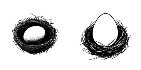 Poster - Flat black icon of two bird nests with and without an egg on a plain background