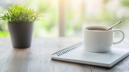 Poster - A white coffee mug rests on an open spiral notebook, beside a small potted plant, all set on a light wood table near a bright window. : Generative AI