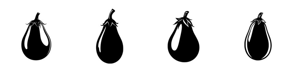 Poster - Flat black icons of eggplant in various orientations for use in culinary design projects and graphic illustrations