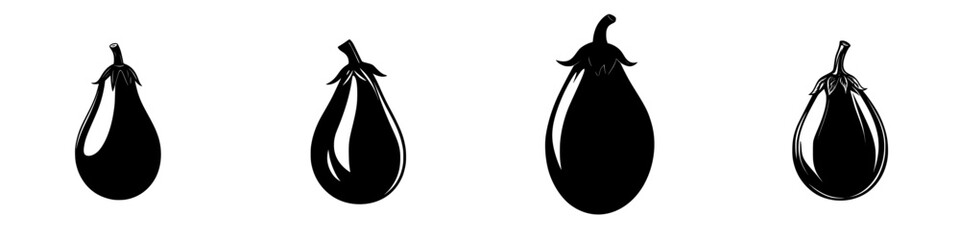 Poster - Minimalist flat black icons of eggplants arranged in a row showcasing variety in shape and size