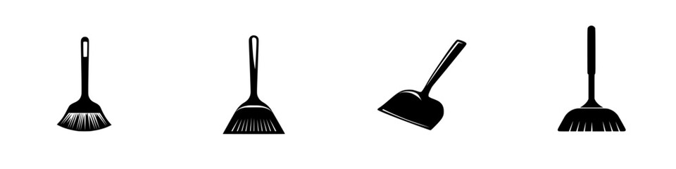 Poster - Collection of flat black cleaning tool icons featuring brooms and dustpans for design and illustration purposes