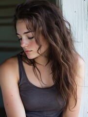 Aufkleber - Portrait of a young woman with long brown wavy hair, wearing a gray tank top, looking down, near a weathered white wooden wall. : Generative AI