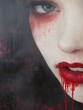 © Generative AI - Close-up painting of a woman's face, dark hair, red lipstick, blood dripping from her mouth, textured canvas, dramatic lighting, gothic style. : Generative AI