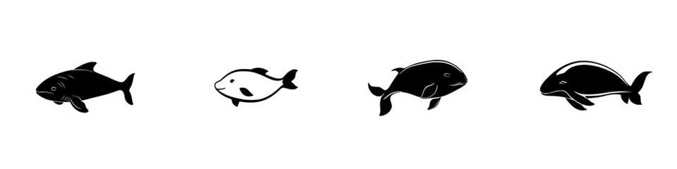 Poster - Flat black fish icons showcasing different aquatic species in minimalistic design for use in digital and print media resources