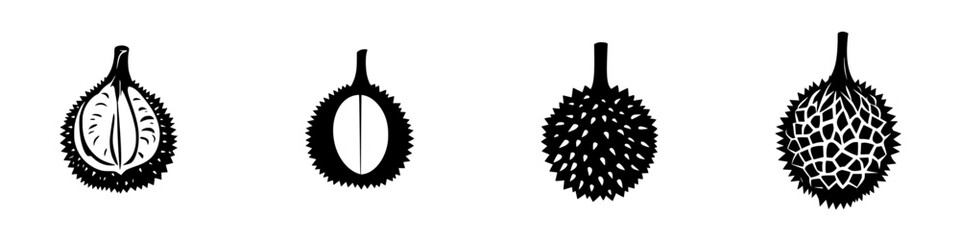 Poster - Flat black icon series depicting different views of a durian fruit showcasing its unique structure and texture