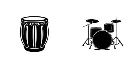 Poster - Black icon representing a drum and a drum set with minimalistic design for music themes