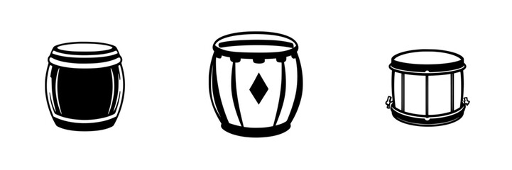 Poster - Various flat black musical instrument icons featuring different types of drums with simple designs