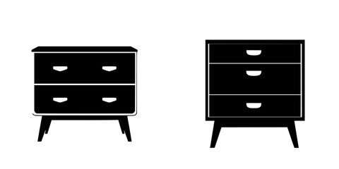 Poster - two flat black icons of dressers showcasing different styles of drawer arrangements for modern desig