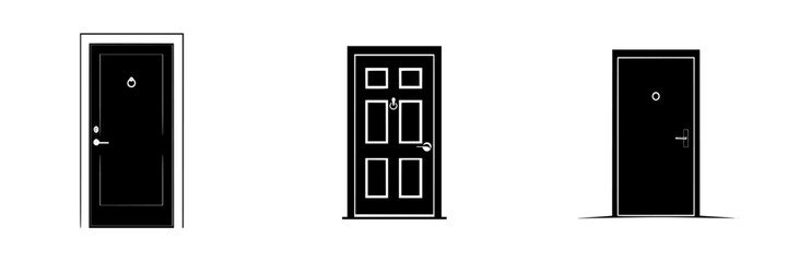 Poster - Flat black icons representing three different styles of doors with varying designs suitable for digital use