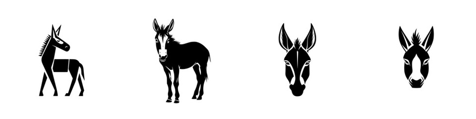 Poster - Collection of flat black icons representing various styles of horses and donkeys on a plain background