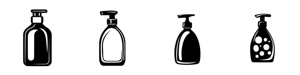 Poster - different styles of flat black bottles with pumps used for various liquid products in a minimalist d