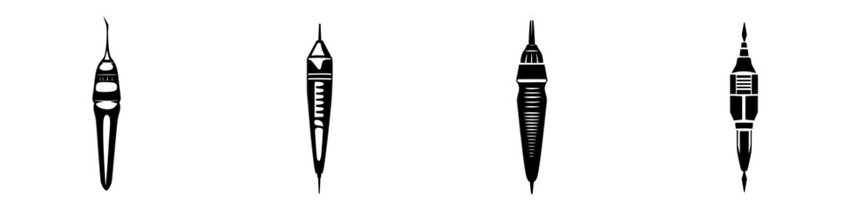 Poster - Flat black icons depicting various types of drawing and writing instruments in minimalist style for graphic design use