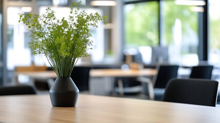 Fototapete - Modern office interior with a vase of green plants on a light wood table, blurred background showing chairs and large windows. : Generative AI