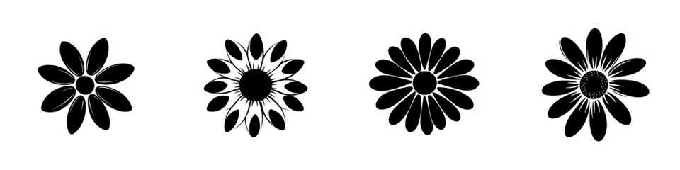 Poster - Floral black icons representing various daisy designs suitable for graphic use and decoration