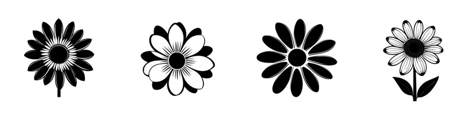 Poster - Vector illustration of four black flower icons designed for modern graphic and web applications showcasing floral elements