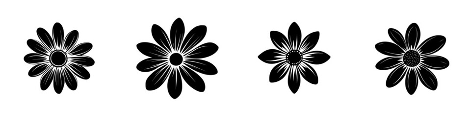 Poster - Stylized flat black flower icons arranged horizontally for decorative use in various design projects