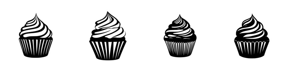 Poster - Flat black cupcake icon set featuring various frosting styles for creative design applications