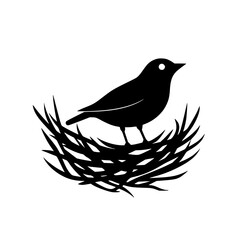 Poster - black icon of a bird sitting in a nest, depicting nature and tranquility in a minimalist design