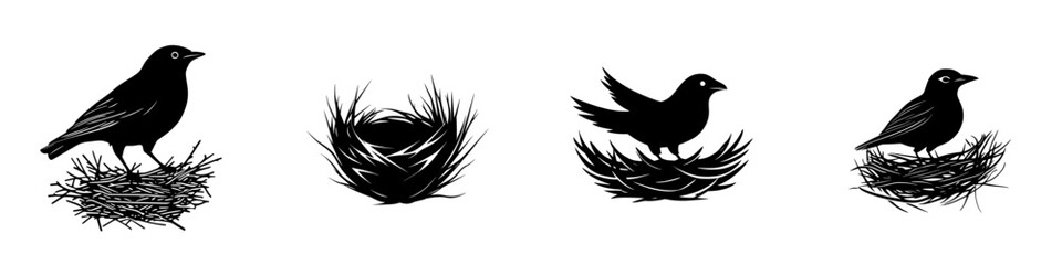 Poster - bird icon illustrations showing stages of building a nest and a bird standing on it