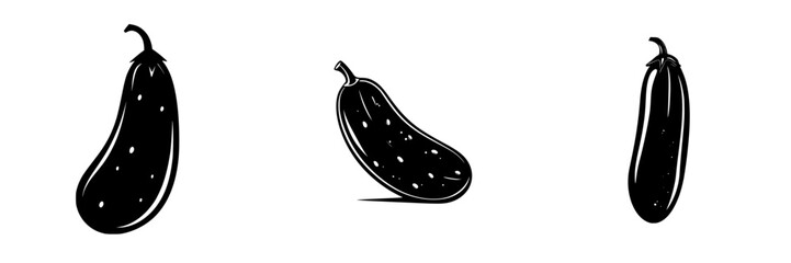 Poster - flat black icon depicting three stylized cucumbers in different orientations, showcasing a minimalis