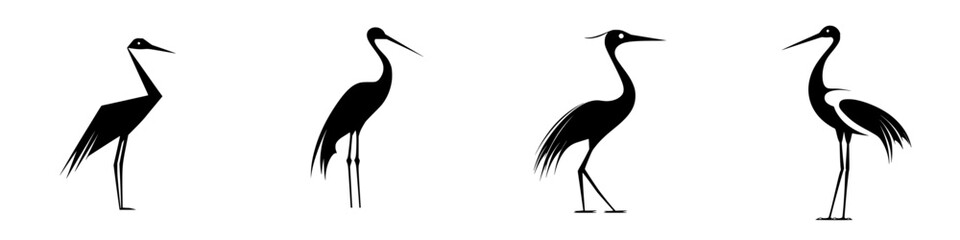 Poster - Collection of flat black heron icons showcasing various poses and styles in minimalist design