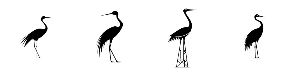 Poster - Stylized flat black icon depicting various crane silhouettes in different poses and orientations