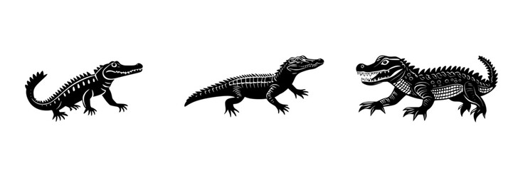 Poster - Stylized flat black icon set of three different crocodile silhouettes showcasing unique designs and features