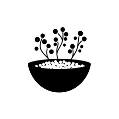 Poster - Flat black icon of a bowl with small plants or berries, showcasing a simple and minimalistic design suitable for various digital applications
