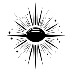 Poster - Icon representing a celestial body surrounded by radiant stars and spikes illustrating energy or light