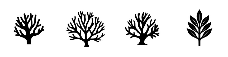 Poster - Collection of flat black icons representing various tree and plant silhouettes for graphic design projects and nature themes