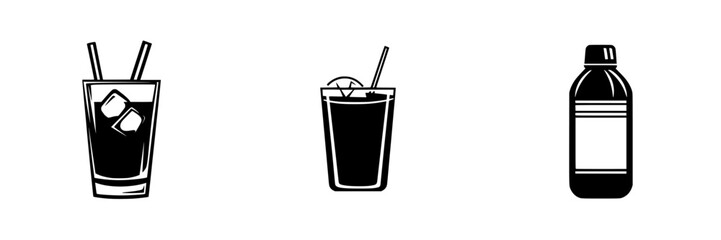 Poster - Collection of flat black icons representing various beverages including iced drinks and bottled drinks for design purposes