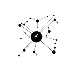 Poster - black flat icon depicting an abstract atom with connected particles in a minimalist design