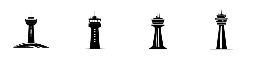 Poster - collection of flat black icons representing different types of observation towers and control towers
