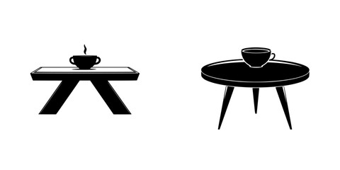 Poster - Stylish black icons of a modern coffee table with a cup on top and a minimalistic round table featuring a cup, ideal for digital design elements