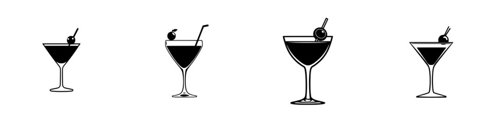 Poster - Black flat icons representing various cocktail glasses with cherries on them
