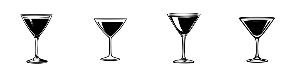 Poster - Flat black icons representing different styles of cocktail glasses arranged in a row for beverage design or bar menu applications
