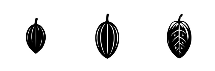 Poster - black icon depicting three stages of cocoa pod development on a white background showing a simple an