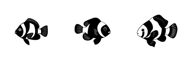 Poster - Three flat black icons of similar fish with distinct fin and body shapes swimming in a minimalist style against a white background